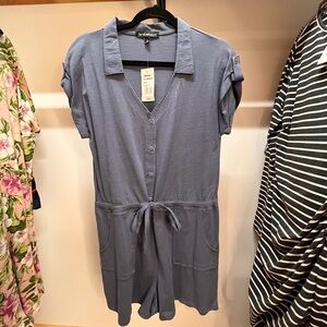 Derek Heart Slate Blue Collared Button Romper with pockets